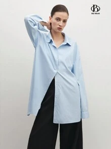 BizChic Blusa de escritório de negócios feminino, elegante estilo viajante azul listrado laço colarinho camisa solta - Azul - Ver 3