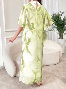 Al Najma 夏季漂染印花蝙蝠袖連衣裙 - 橄欖綠 - 查看 2