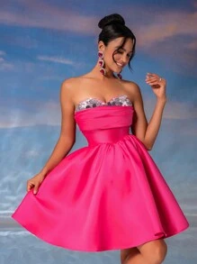 SHEIN Belle Đầm dự tiệc ngắn bằng vải satin lấp lánh xếp li sang trọng dễ thương không dây, đính sequin chắp vá, váy ngắn dự tiệc màu hồng phấn, váy dự tiệc cưới bán trang trọng, cho tiệc sinh nhật, lễ tốt nghiệp, tiệc về quê - Màu Hồng Tươi - Xem 3
