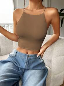SHEIN EZwear 女士夏季純色修身款短款背心 - 咖啡棕 - 查看 4