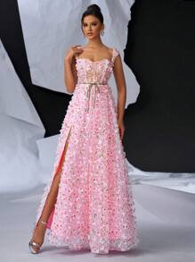 Glamrae Đầm dạ hội dày dặn, cổ vuông, tay lửng, họa tiết hoa ba chiều, màu hồng lãng mạn thanh lịch, cạp chun, xẻ cao, có thể điều chỉnh độ rộng, viền A - Màu Hồng baby - Xem 7