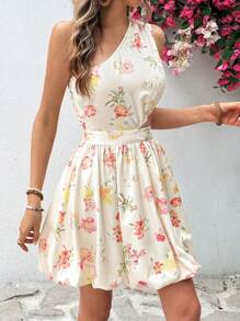 SHEIN VCAY Robe d'été pour femmes à épaule oblique creuse avec imprimerie florale - Multicolore - Voir 3