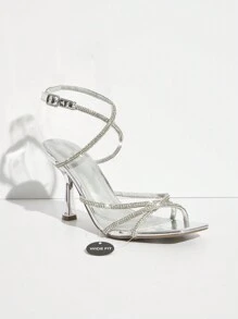 SHUZIA 女士时尚水钻交叉踝带宽跟高跟鞋 - 銀色 - 查看 2