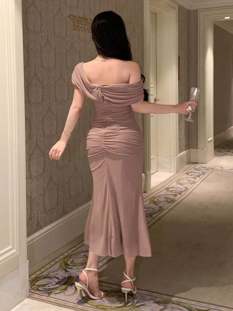 Valentine's Solid Color Asymmetric Neck Short Sleeve Midi Dress For Women Prom Dress Elegant Sundress,Dress For Wedding