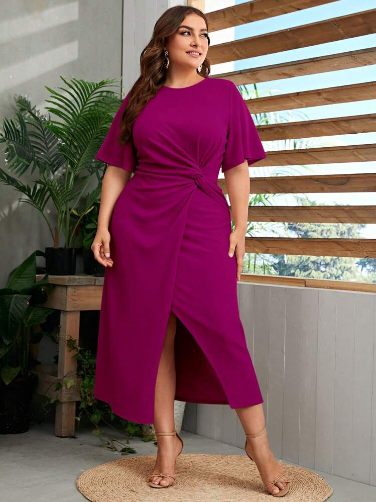 Mulvari Burgundy Red Plus Flutter Sleeve Twist Detail Wrap Hem