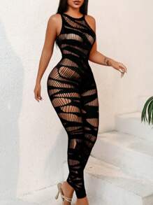 ChaseTheNight 女士性感网眼透视连体裤，适合外出穿着 - 黑色 - 查看 4