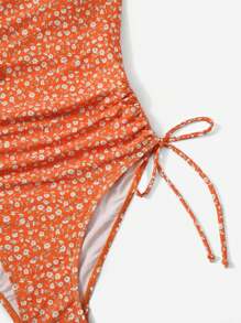 SHEIN Swim Ditsy Floral Drawstring Side One Piece Swimsuit Summer - Orange - View 3