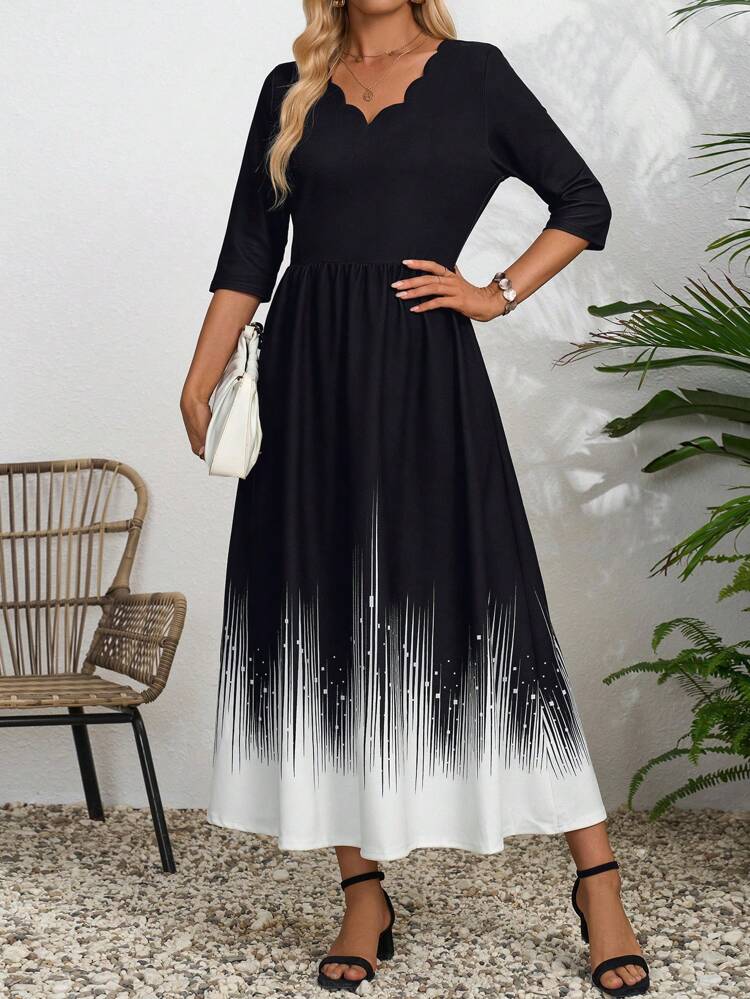 Black&White&Yellow Abstract Striped Pattern Wave Collar Ladies' Casual 3/4 Sleeve Dress