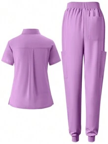 Women's Matte Elastic Jogging Uniform, Nursing Scrub, Hand Washing, Breathable Brushed Clothing, With Pockets Set - Mauve Purple - View 2