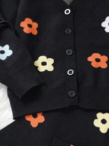 Elladie kids 年轻女孩黑色时尚休闲潮流可爱舒适柔软简约开衫搭配多色花卉图案长袖毛衣和针织阔腿裤套装，2 件套，适合居家穿着，适合日常外出和旅行，也适合秋冬季节，适合外套 - 黑色 - 查看 4