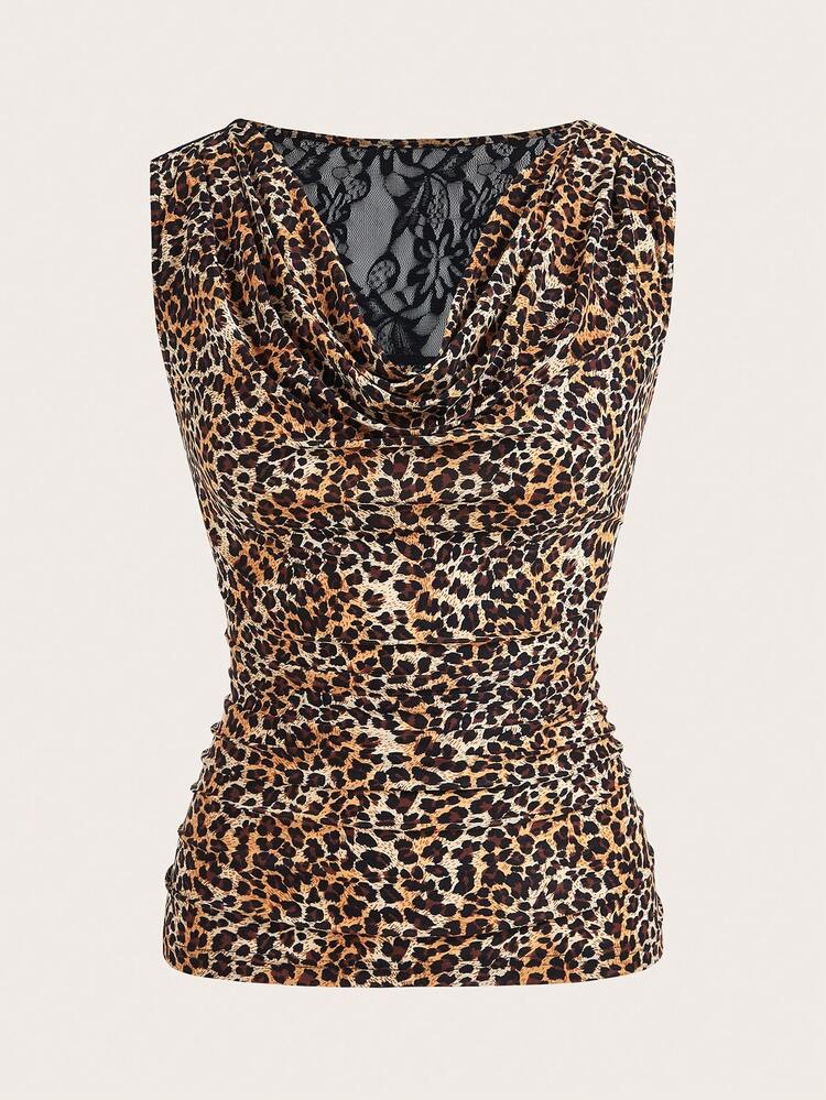 SHEIN Clasi Women's Leopard Print Ruffle Collar Ruched Lace Contrast Tank Top - Multicolor - View 2