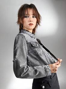 SHEIN Explorewe Teen Girl Black & Grey Distressed Casual Everyday Versatile Denim Jacket - Grey - View 6