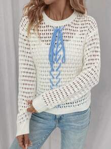 SHEIN LUNE Áo len dệt kim kiểu pointelle, buộc dây phía trước, vai rớt, thích hợp mặc mùa thu đông. - trắng - Xem 5