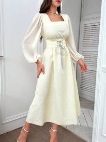 Modelyn Women's Square Collar Solid Color Long Sleeve Summer Dress With Cinched Waist Long Evening Dresses - Apricot - View 3