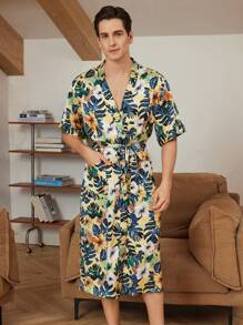 Men's Floral Print V-Neck Belted Short Sleeve Robe - Green - View 5