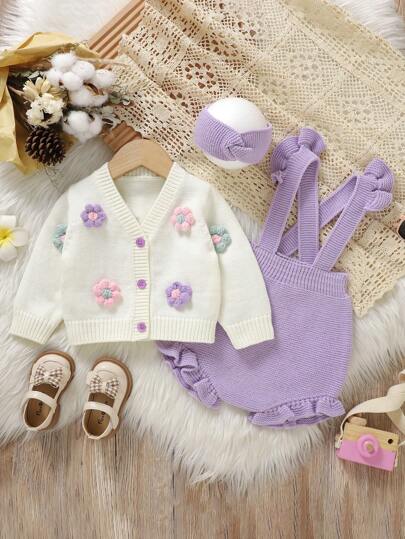 SHEIN Vintaside Kids 嬰兒女童紫色時尚、休閒、可愛、舒適、柔軟、簡約、保暖、多功能、優雅，帶3D花朵針織毛衣和白色針織開衫搭配紫色連身褲。適合家居穿著、日常穿搭、旅行、戶外穿著、派對、秋冬季節。