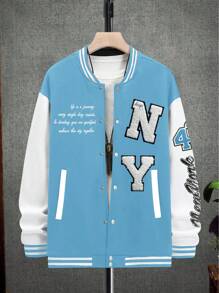 Manfinity Hypemode Men's Extra-Large Letter Printed Varsity Jacket With Striped Trim And Drop Shoulder, No Hood - Multicolor - View 2