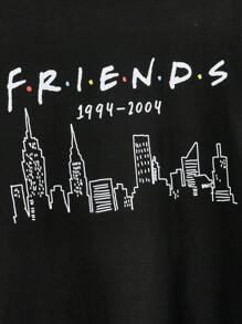 FRIENDS X SHEIN Plus Size Black Casual Loose Drop Shoulder T-Shirt With Simple Line Drawing Architecture And Letter Print, Summer FRIENDS 1994-2004
