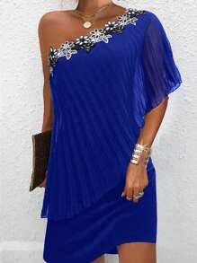 Chiquease Ladies' Oblique-Shoulder Pleated Tight Embroidery Patchwork Dress, Summer - Blue - View 5