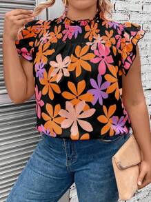 SHEIN LUNE Summer Plus Size Allover Print Shirred Ruffle Hem Blouse - Multicolor - View 3