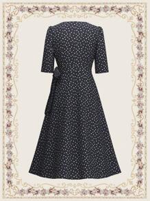 Vintamour Vestido envolvente elegante y vintage para mujeres, vestido de lunares de verano con lazo y cuello en V con cinturón negro, ropa de maestra, falda larga, atuendo para concierto de mujeres, estilo old money, vestido de trabajo casual, vestidos largos para mujeres, hawaiano - Negro - Ver 2
