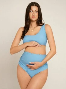 SHEIN Maternity Scallop Trim Bikini Set Top & Short Summer Beach - Blue - View 4