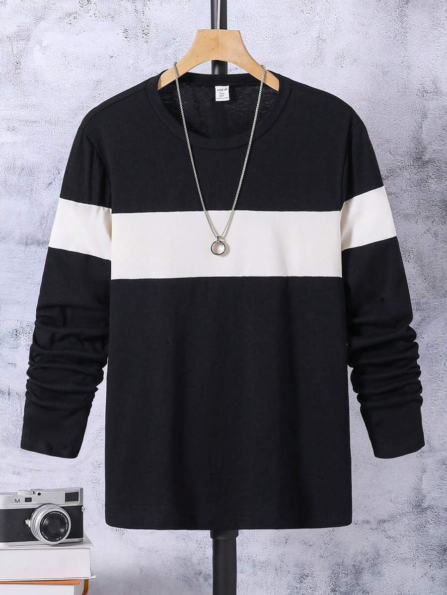 تي شيرت المراهقين بنمط كتل الألوان ، ياقة دائرية ، بلوفر ، قطن وكتان - الأسود - مشاهدة 1