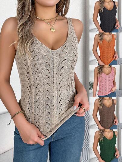 Women Spring/Summer Casual Hollow Knit V-Neck Tank Top