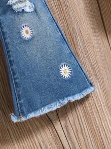 SHEIN 嬰兒女孩高腰彈性花卉刺繡喇叭褲，水洗女孩牛仔夏季套裝