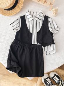 SHEIN Áo vest thường ngày cho bé trai/bé gái, áo sơ mi ngắn tay màu trơn/sọc & quần short lưng thun, lý tưởng cho các bữa tiệc sinh nhật, lễ rửa tội, lễ kỷ niệm sinh nhật đầu tiên, tiệc tùng, biểu diễn, đám cưới, v.v. - Nhiều màu - Xem 11