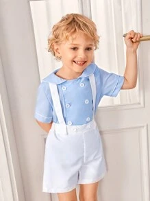 SHEIN Bộ 2 món: Áo sơ mi tay ngắn phong cách quý ông thời đại học màu xanh navy và quần short có quai màu trắng tinh khiết, phối màu cổ điển, quý ông nhưng vẫn thời trang, thoải mái cho bữa tiệc hàng ngày của trường đại học, đầy phong cách Anh, đa năng, thích hợp cho các buổi đi chơi, mua sắm, mặc hàng ngày, đẹp trai và sành điệu, hoàn hảo cho mùa xuân và mùa hè - Màu xanh lam - Xem 6