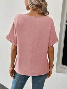 EMERY ROSE Women's V-Neck Solid Color Short Sleeve Textured Fabric Shirt, Summer