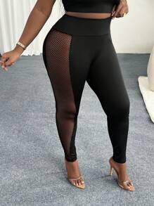 Slaydiva 大尺寸女士長褲，適用於運動、休閒、性感或日常穿著，修身單色黑色，側面網格剪裁設計，春/夏風格E