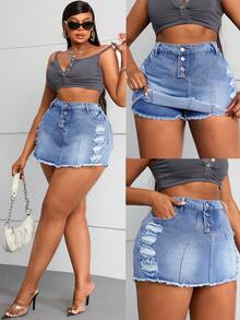SHEIN SXY Plus Size Denim Skirt With Frayed Hem And Shorts Inside - Medium Wash - View 2