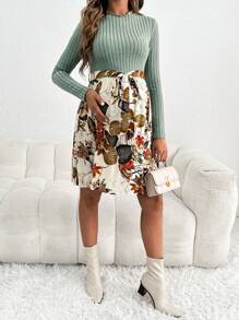 SHEIN Maternity Long Sleeve Daily Casual Rib Knit Plant Print Dress - Army Green - View 4