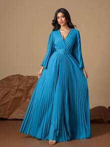 假日天蓝色长袖 V 领褶皱大下摆带腰带夏季女士连衣裙，度假装女士 - 藍色 - 查看 6