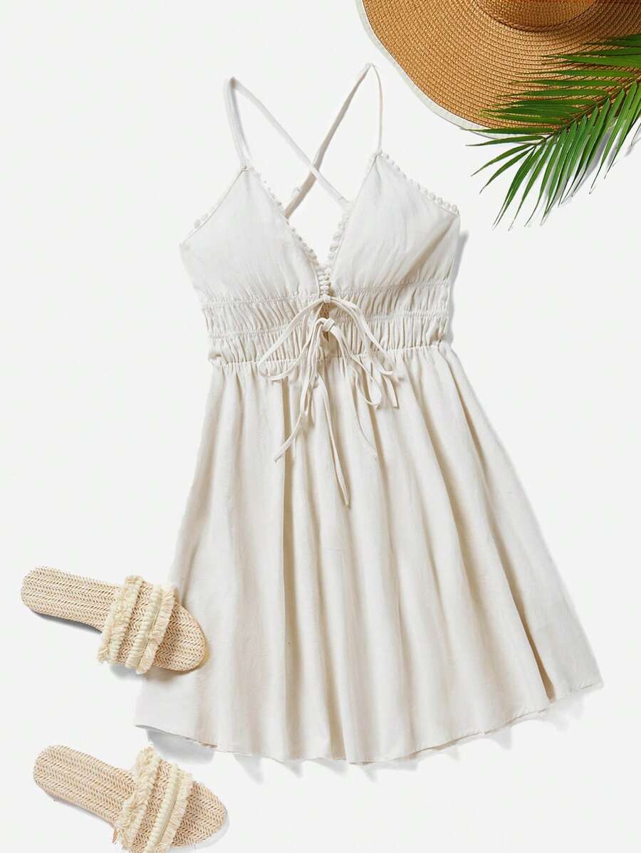 Soleia 女士綁帶肩帶褶皺腰部背心裙 - 米色 - 查看 1