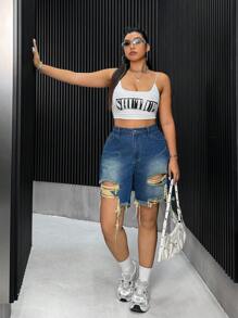 SHEIN ICON Quần short denim đau khổ hàng ngày màu trơn đơn giản dành cho nữ Plus Size - Màu xanh lam - Xem 3