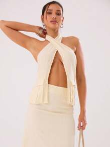 MUSERA Top de lino de cuello halter con bolsillos, ideal para vacaciones de verano en Ibiza y primavera