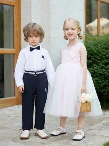 SHEIN Young Boy Gentleman 2pcs Striped Blue Long Sleeve Shirt And Suit Trousers With Belt,Summer Traditional Wedding Birthday Party Evening Performance Set - White - View 1