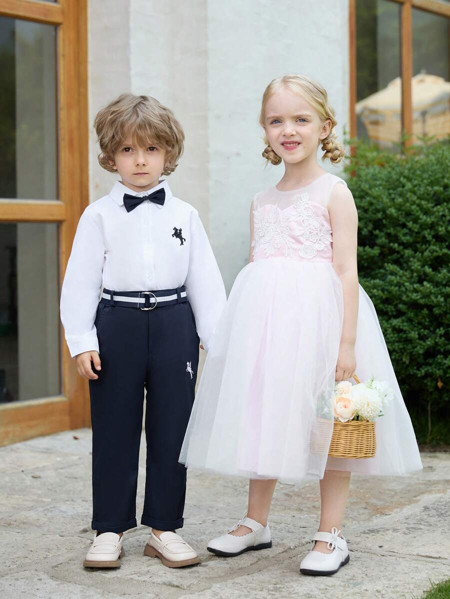 SHEIN Young Boy Gentleman 2pcs Striped Blue Long Sleeve Shirt And Suit Trousers With Belt,Summer Traditional Wedding Birthday Party Evening Performance Set - White - View 1