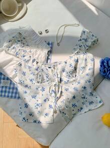 Comfortcana Áo Babydoll hoa xanh trắng ngọt ngào - Xanh và trắng - Xem 5