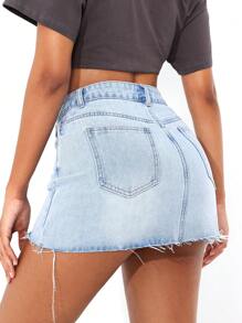 SHEIN PETITE 夏季休閒原邊荷葉邊牛仔裙 - 淺色水洗藍 - 查看 3