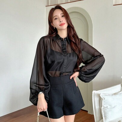 여성용 솔리드 컬러 루즈핏 롱 슬리브 셔츠, 가벼운 소재의 외출용 탑, 여름 쉬어