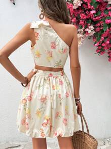 SHEIN VCAY Robe d'été pour femmes à épaule oblique creuse avec imprimerie florale - Multicolore - Voir 2
