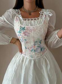 女士蝴蝶結腰帶裝飾長袖修身上衣 - 彩色 - 查看 3