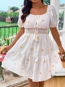 Flirla Digital Printing Plus Size Summer Elegant Dress With Ruffle Trim And Square Neckline Short Sleeves - Beige - View 4
