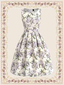 Vintamour Vestido elegante vintage para mujer con estampado floral, sin mangas, cinturón a la cintura, vestido mini primavera/verano con dobladillo de paraguas, vestido para el Día de la Madre, vestido de verano para mujer, vestido de verano, vestido de fiesta de verano, vestido floral de verano para invitada de boda, vestido para carrera de caballos, vestidos, vestido de graduación, vestido de madre de la novia, atuendo del Día de la Madre, vestido blanco de graduación, atuendo de graduación, vestido de princesa, atuendo de boda, vestido de brunch, vestido de fiesta de graduación, vestido verde - Albaricoque - Ver 3