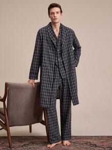 EverLounge Men's Plaid Front Button Lapel Collar Robe - Black - View 1