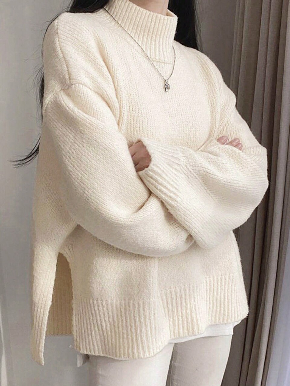 Solid High Neck Drop Shoulder Split Hem Sweater,Fall Women Clothes Long Sleeve Tops